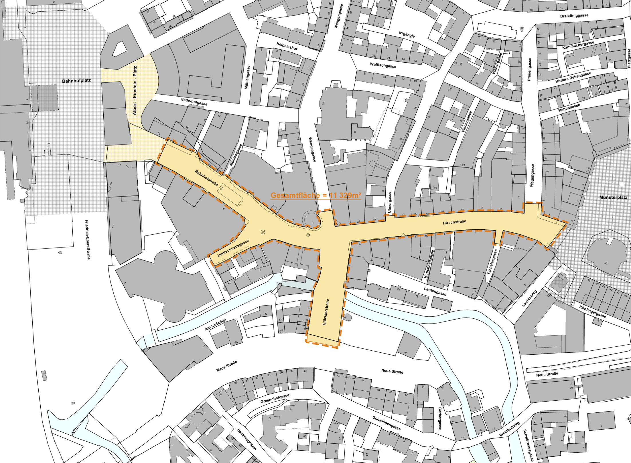 Karte zum Wettbewerbsgebiet zur Neugestaltung der Fußgängerzone Hirschstraße/Bahnhofstraße