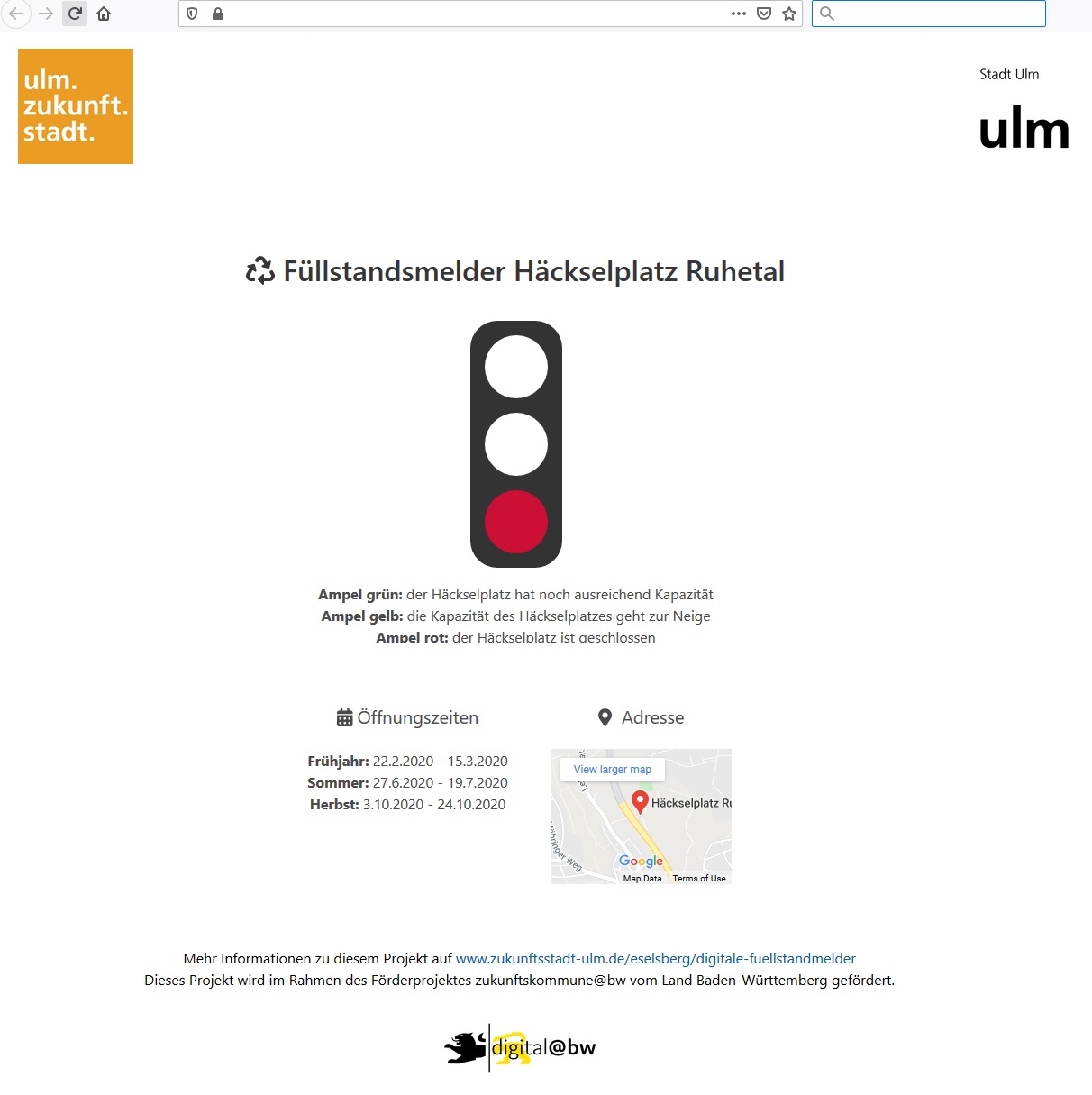 Füllstandsanzeige Häckselplatz Ruhetal am Eselsberg Ulm